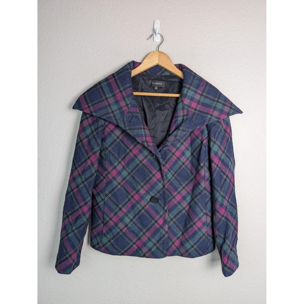 Talbots Jacket Womens 10 Blue Plaid Tweed Collared Lined Button Pockets‎ Short